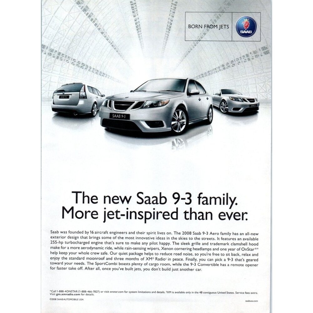 2008 Saab 9-3 Family Sedan Wagon Convertible Vintage Print Ad Hangar Wall Art